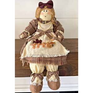 Decorative Stuffed Plush Toy Doll Sits On Shelf Burgundy Plaid Country Farmhouse